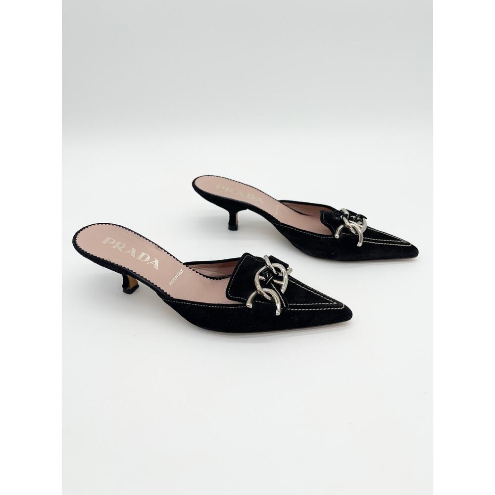 Prada Retro Vintage Y2K Black Suede Chain Pointed Toe Kitten Heel Mules IT 35 - Picture 2 of 11